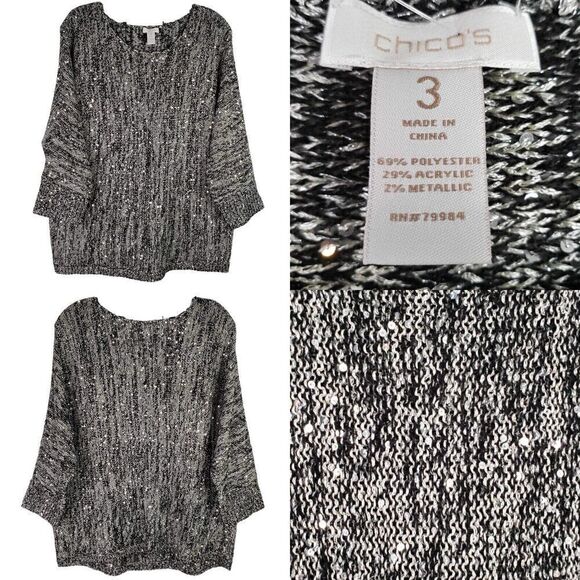 Chico's Sweaters - Chicos Sweater Womens Size 3 US XL Black Gray Sparkle Metallic Pullover